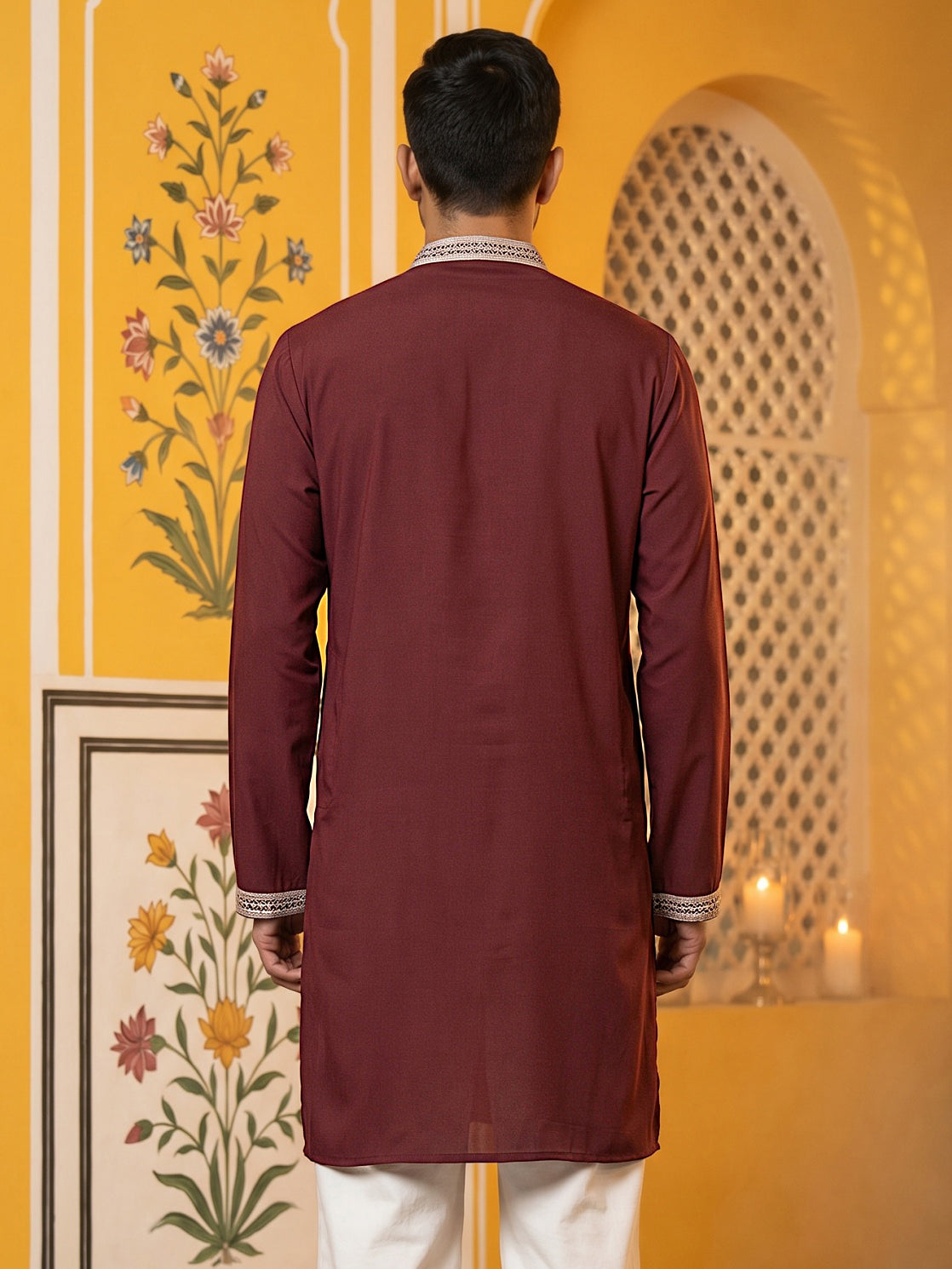 DesiQlo Men Embroidered Kurta Only - Maroon - 65KO_5578Maroon_S