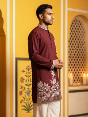 Men's Japanese Fabric Botanical Embroidered Kurta ( 65KO 5578Maroon ) [FF] [G-4]