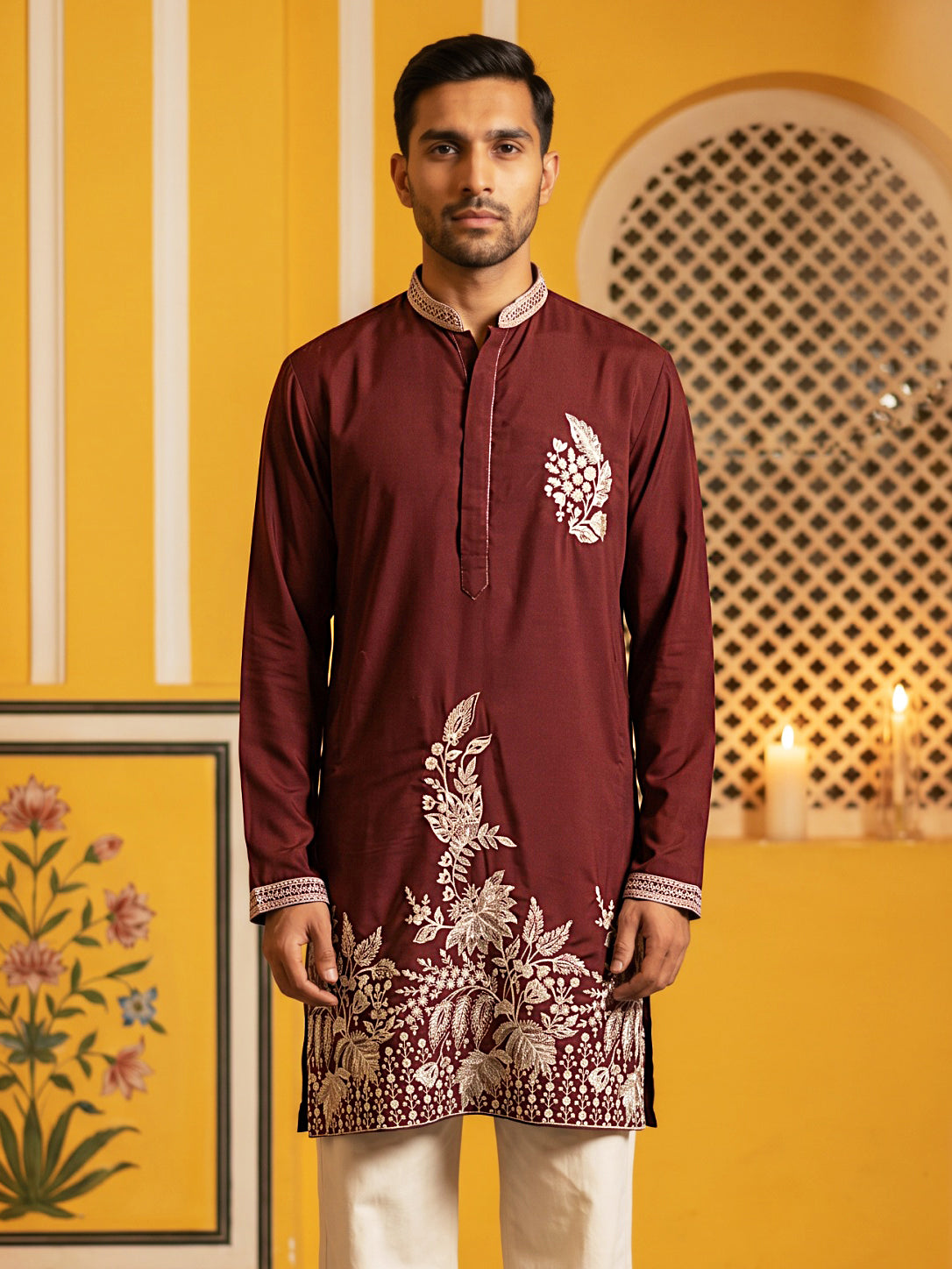 DesiQlo Men Embroidered Kurta Only - Maroon - 65KO_5578Maroon_S