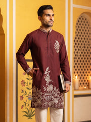 Men's Japanese Fabric Botanical Embroidered Kurta ( 65KO 5578Maroon ) [FF] [G-4]