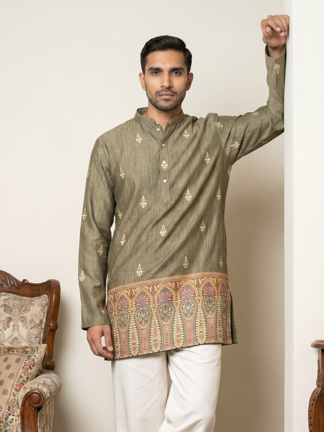 DesiQlo Men Printed Kurta Only - Green - 65KO_5579Olive_S