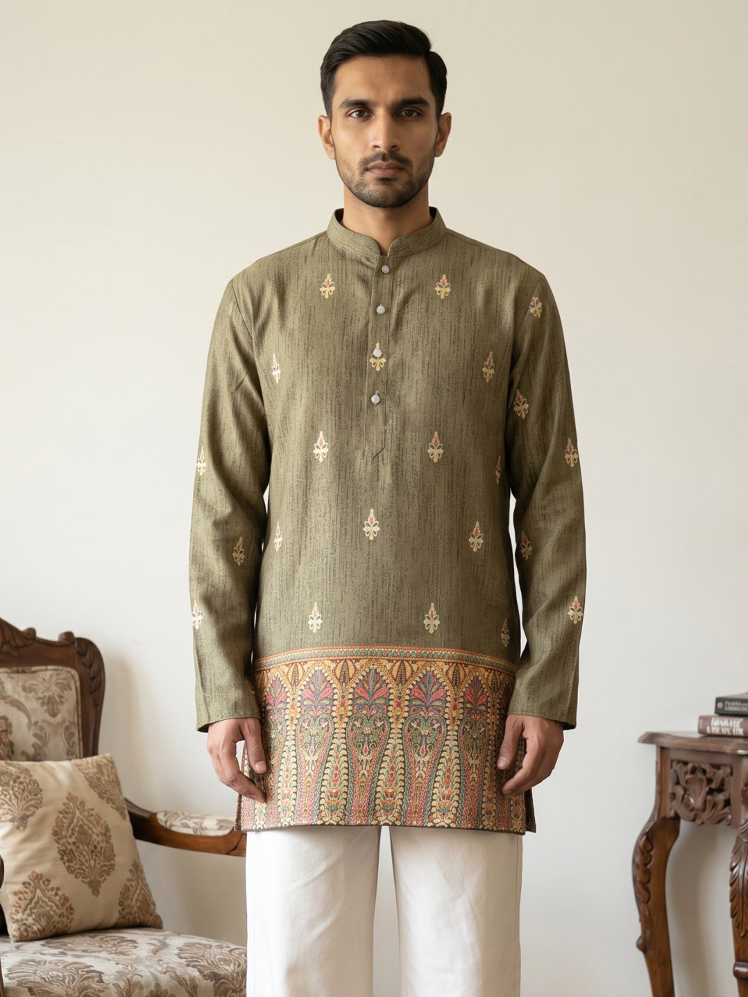 DesiQlo Men Printed Kurta Only - Green - 65KO_5579Olive_S