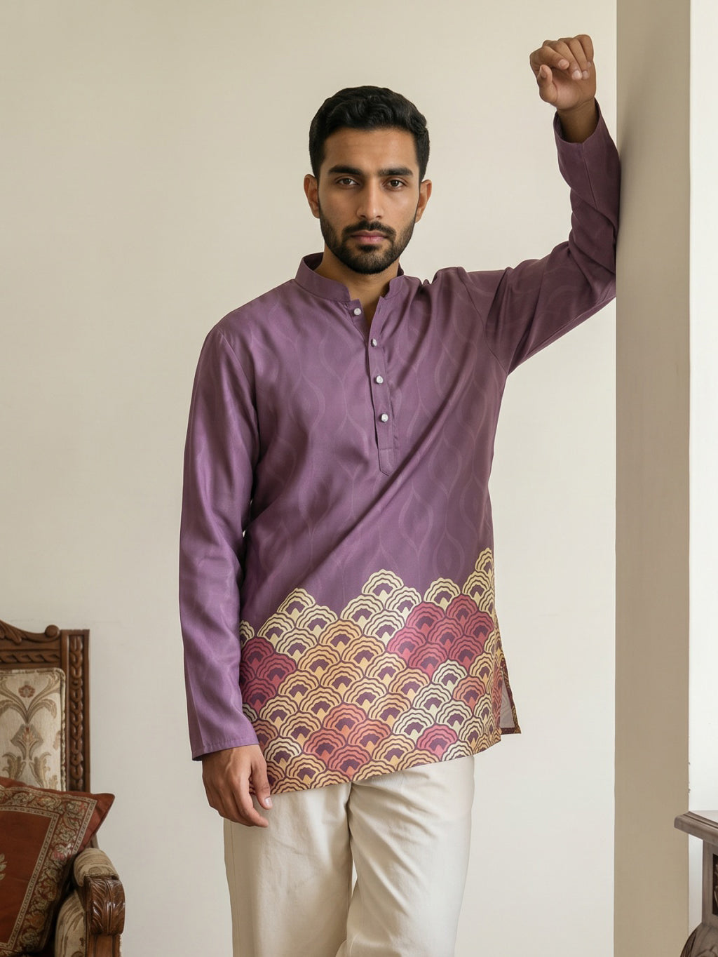 DesiQlo Men Printed Kurta Only - Purple - 65KO_5581Purple_S