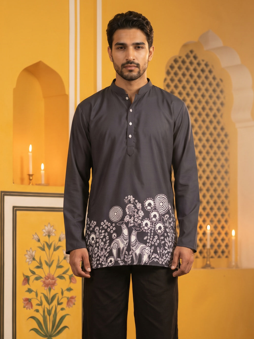 DesiQlo Men Printed Kurta Only - Black - 65KO_5582Black_S