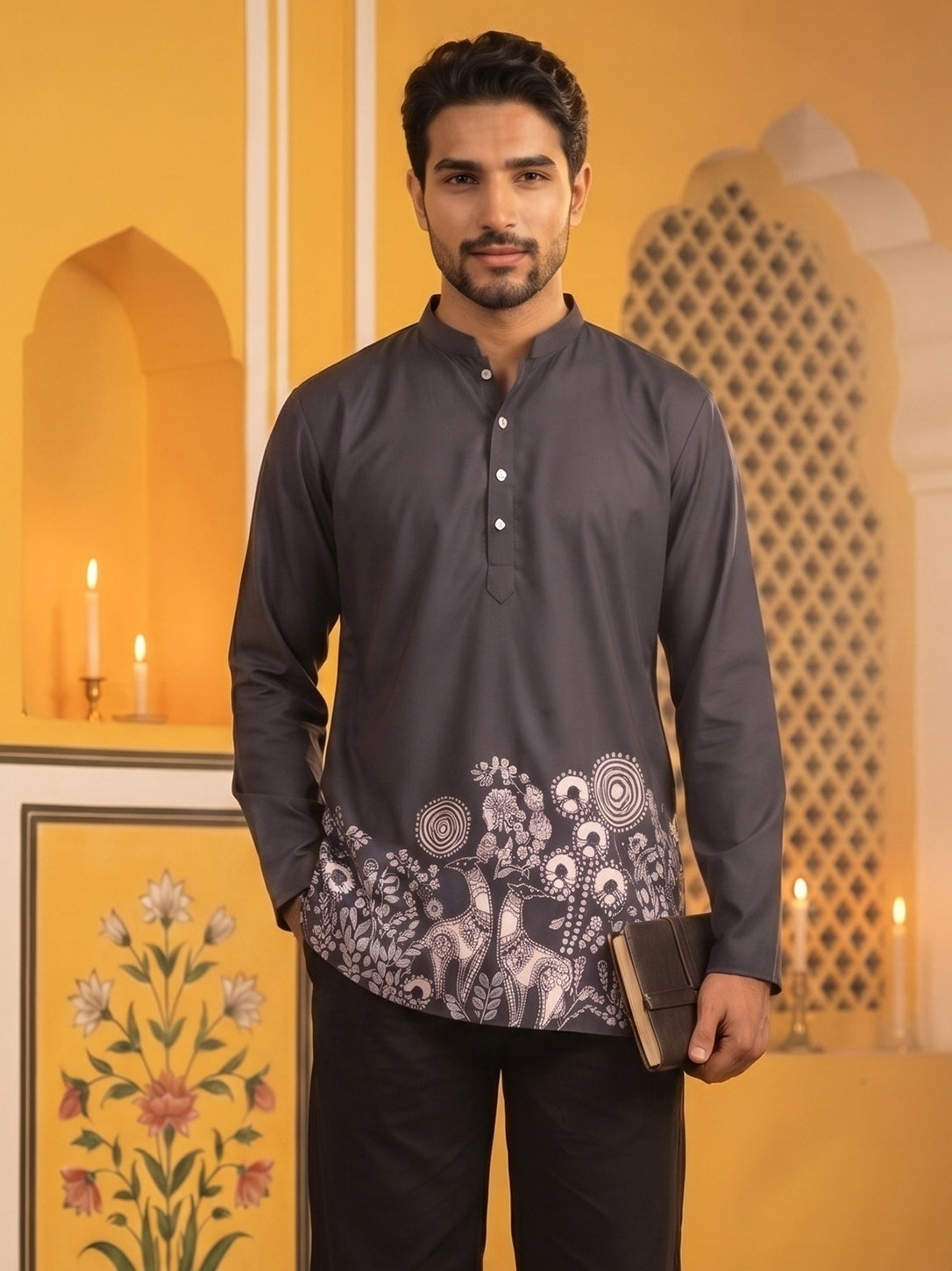 DesiQlo Men Printed Kurta Only - Black - 65KO_5582Black_S