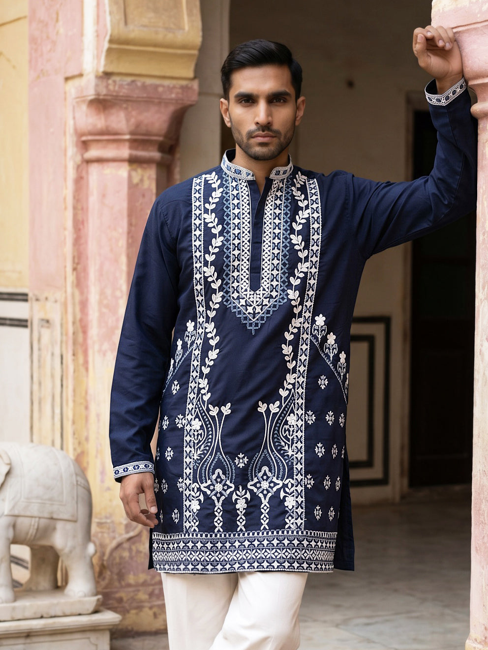 Ethnic Embroidered Japanese Fabric Kurta ( 65KO 5584Navy ) [FF] [B-1-2]