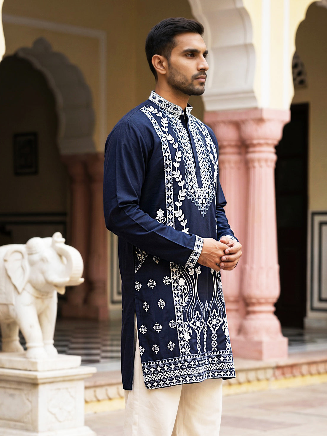 DesiQlo Men Embroidered Kurta Only - Blue - 65KO_5584Navy_S
