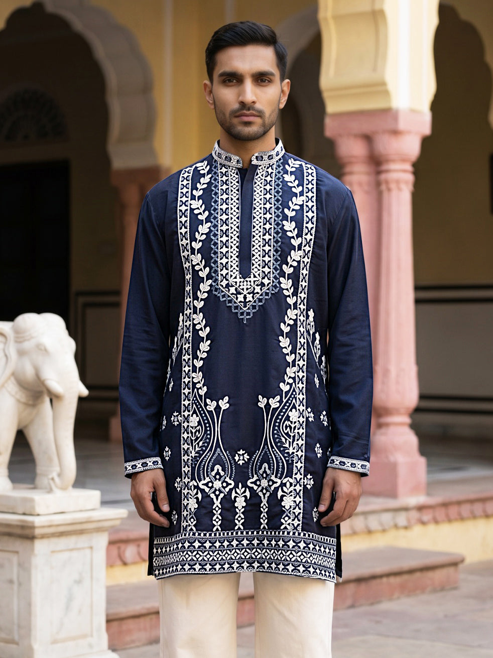 DesiQlo Men Embroidered Kurta Only - Blue - 65KO_5584Navy_S