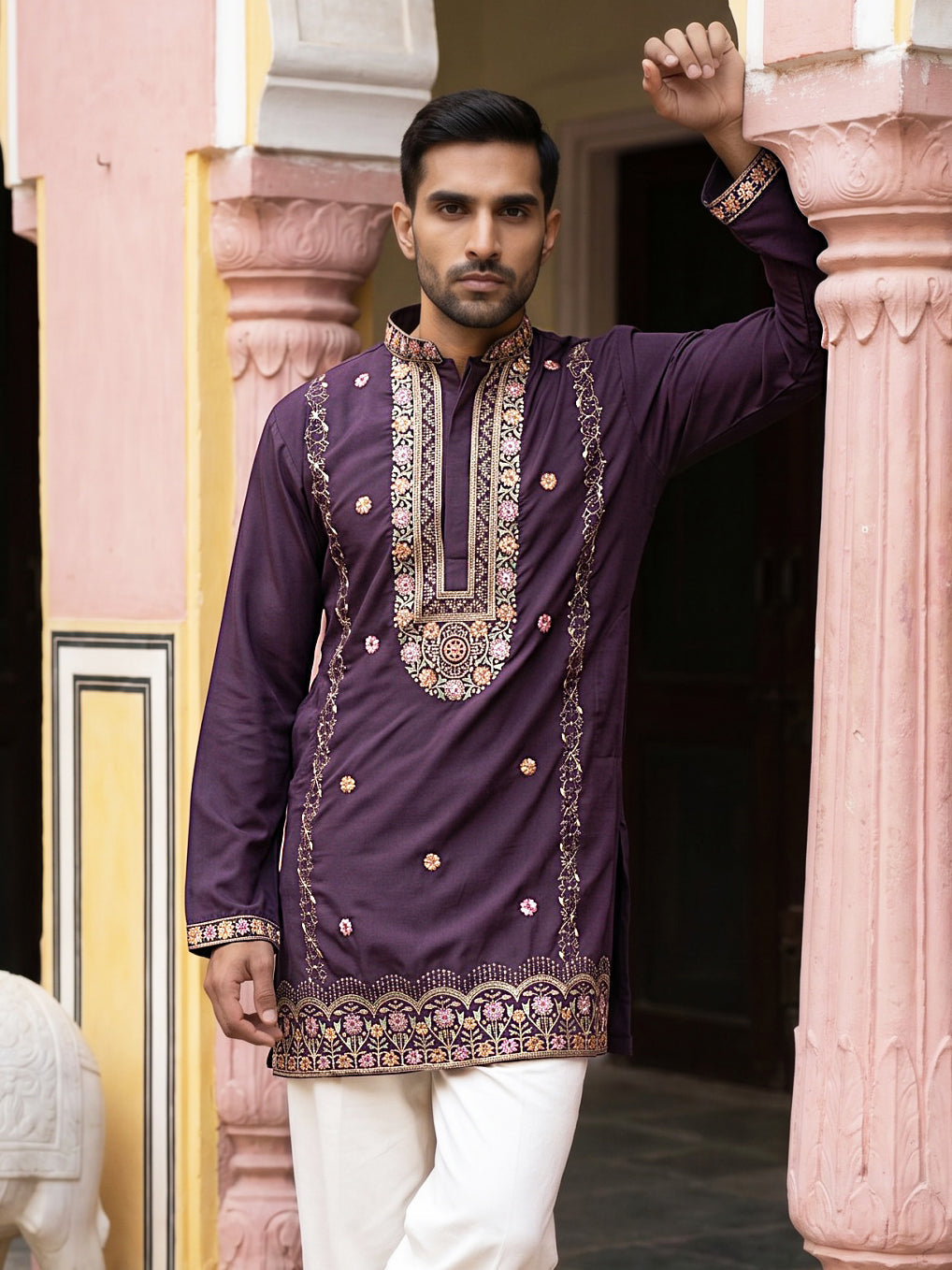 Japanese Fabric Floral Embroidered Kurta ( 65KO 5585Purple ) [FF] [G-4]