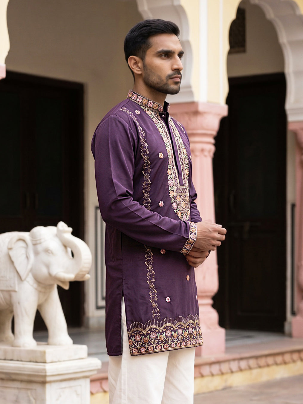 DesiQlo Men Embroidered Kurta Only - Purple - 65KO_5585Purple_S