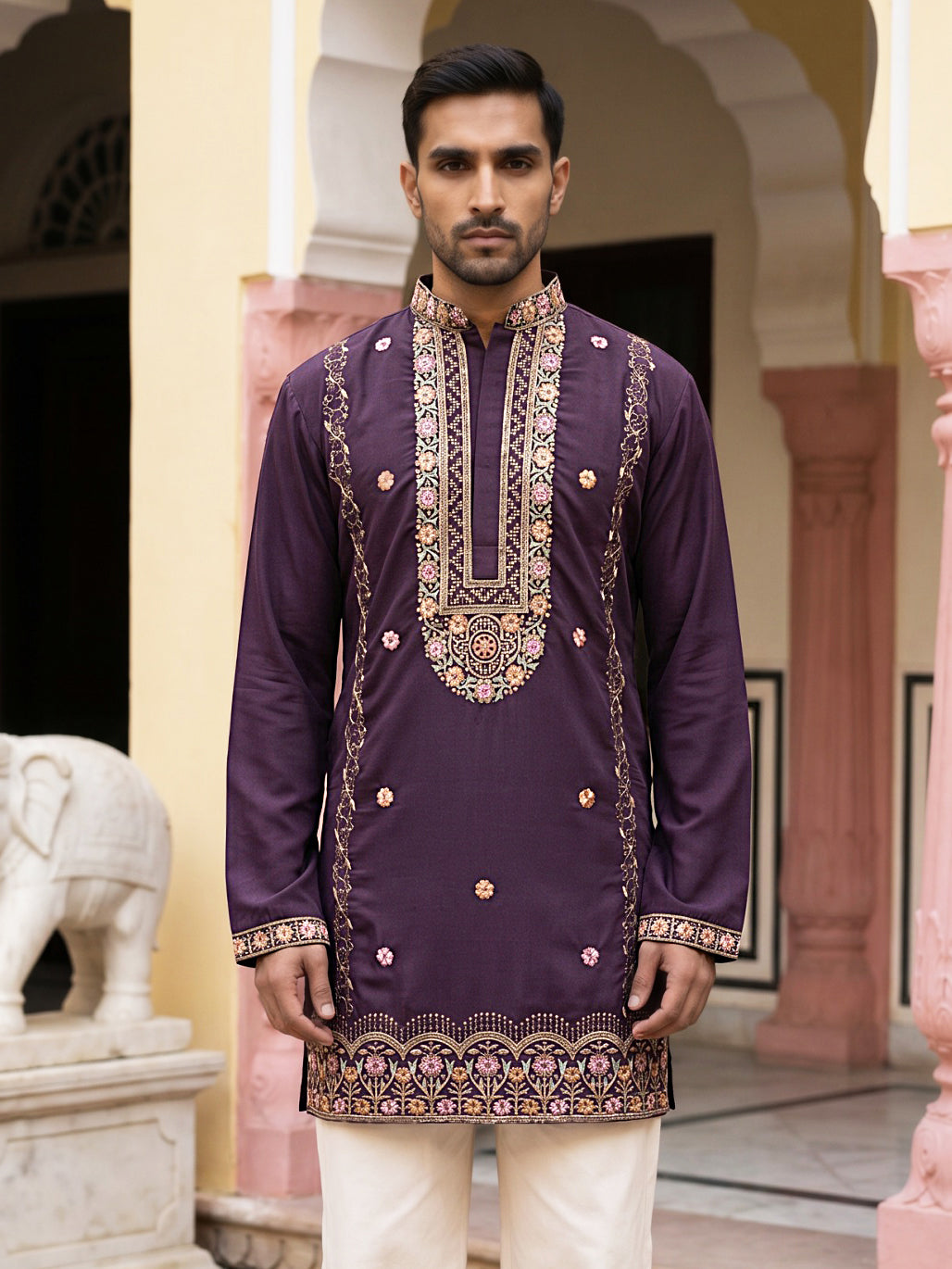 DesiQlo Men Embroidered Kurta Only - Purple - 65KO_5585Purple_S