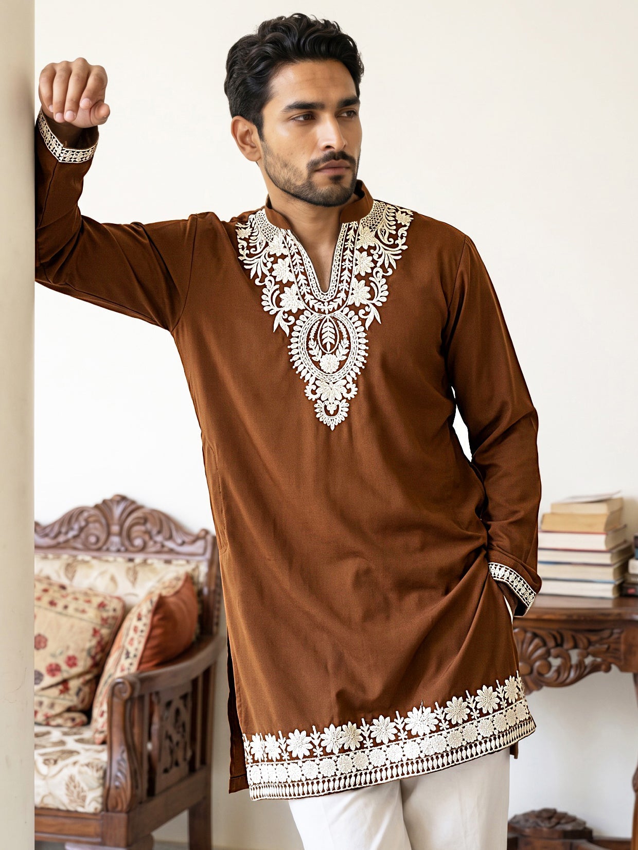 DesiQlo Men Embroidered Kurta Only - Brown