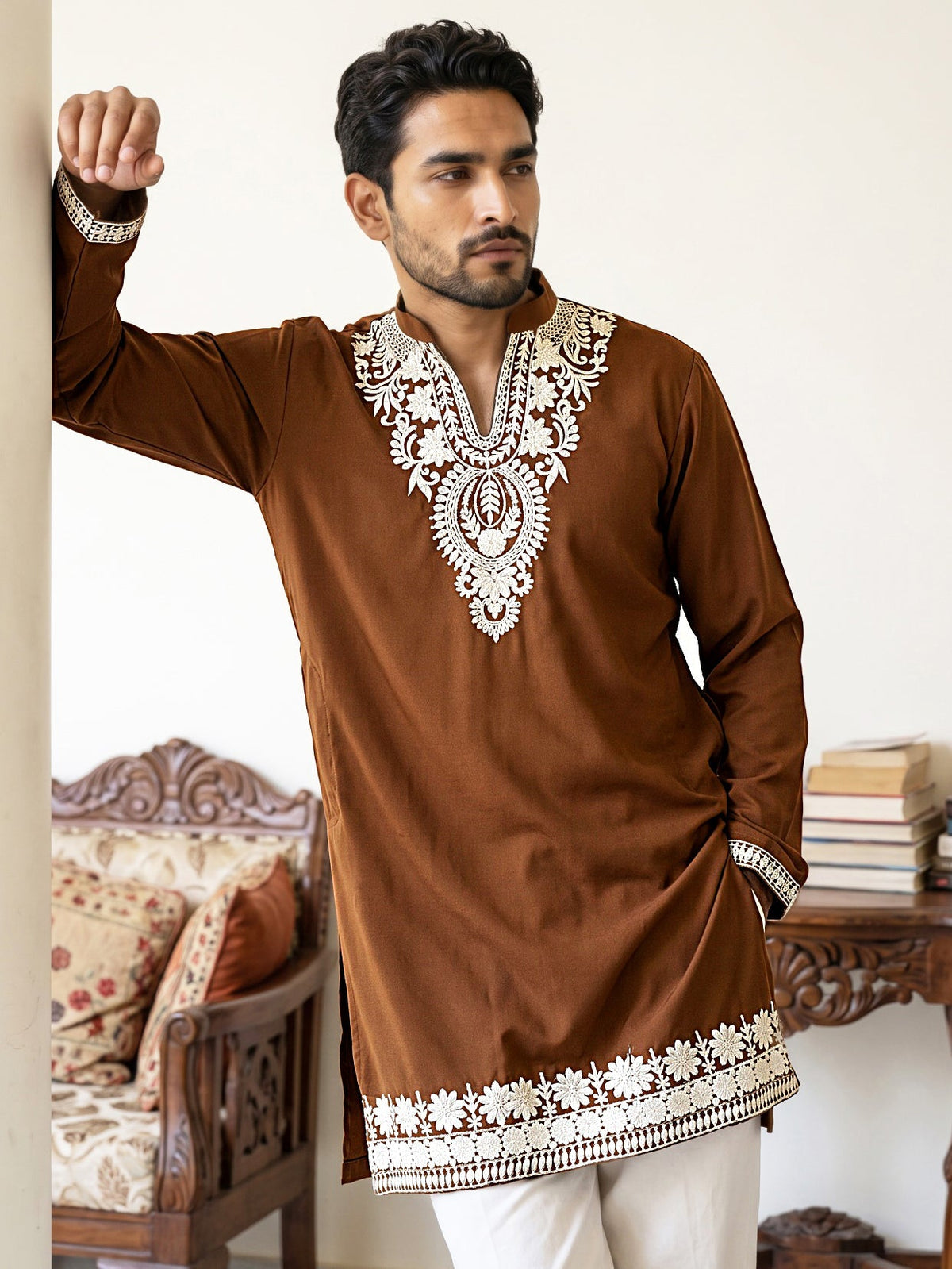 Ethnic Japanese Fabric Embroidered Kurta ( 65KO 5605Brown )