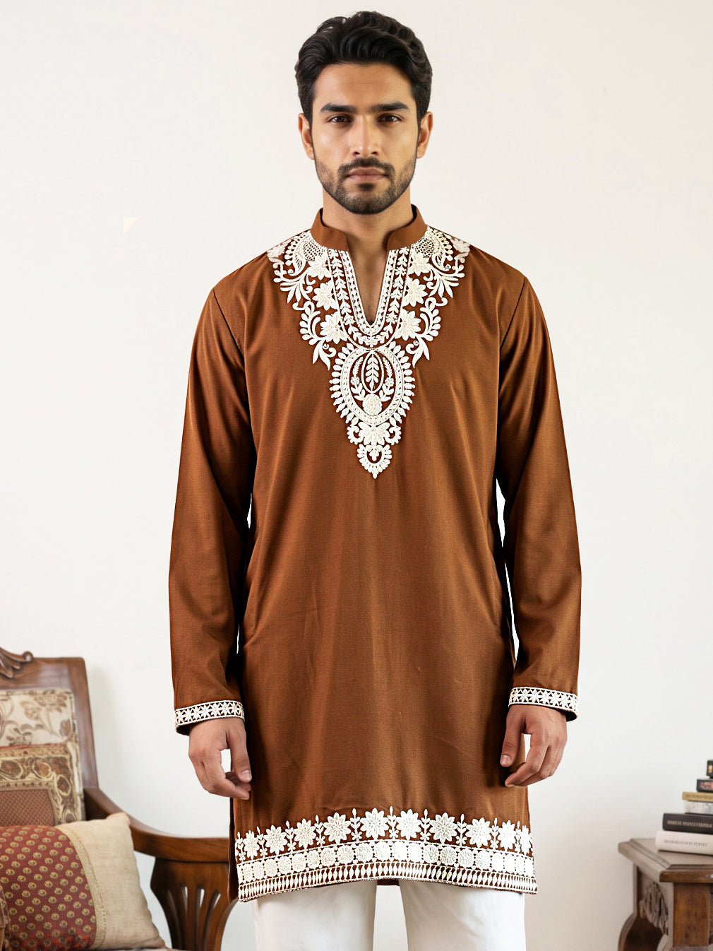 DesiQlo Men Embroidered Kurta Only - Brown