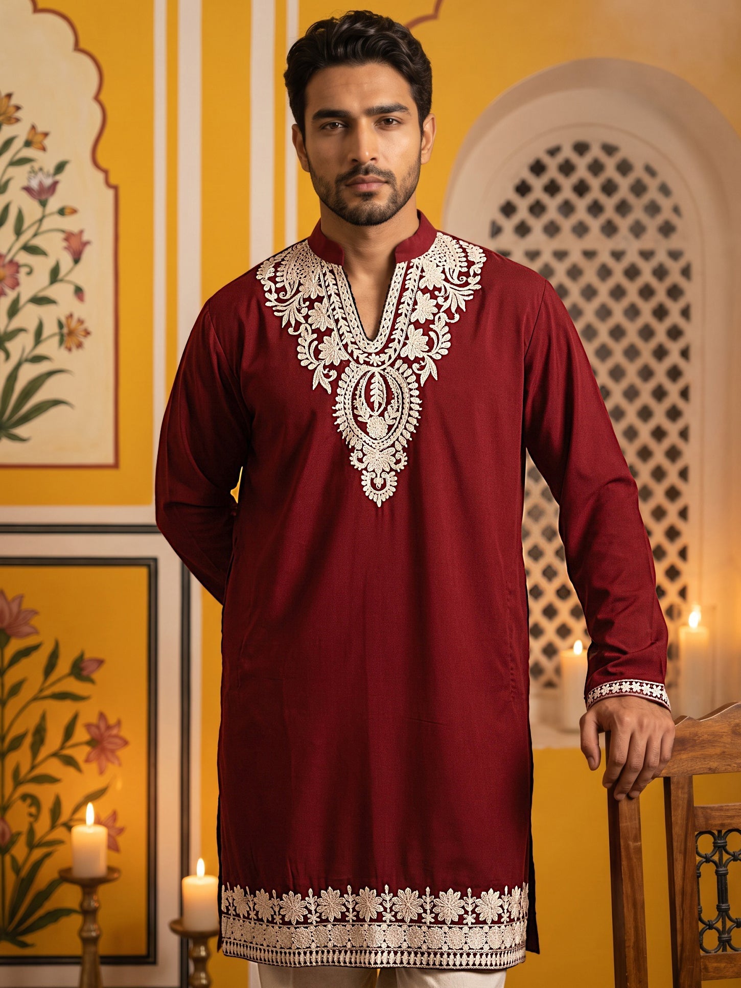 DesiQlo Men Embroidered Kurta Only - Maroon