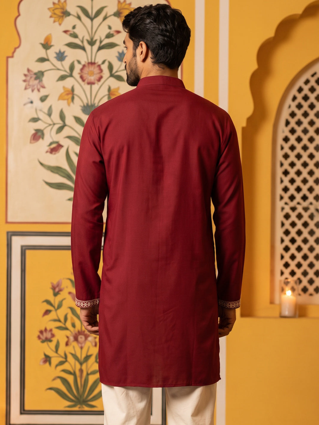 DesiQlo Men Embroidered Kurta Only - Maroon