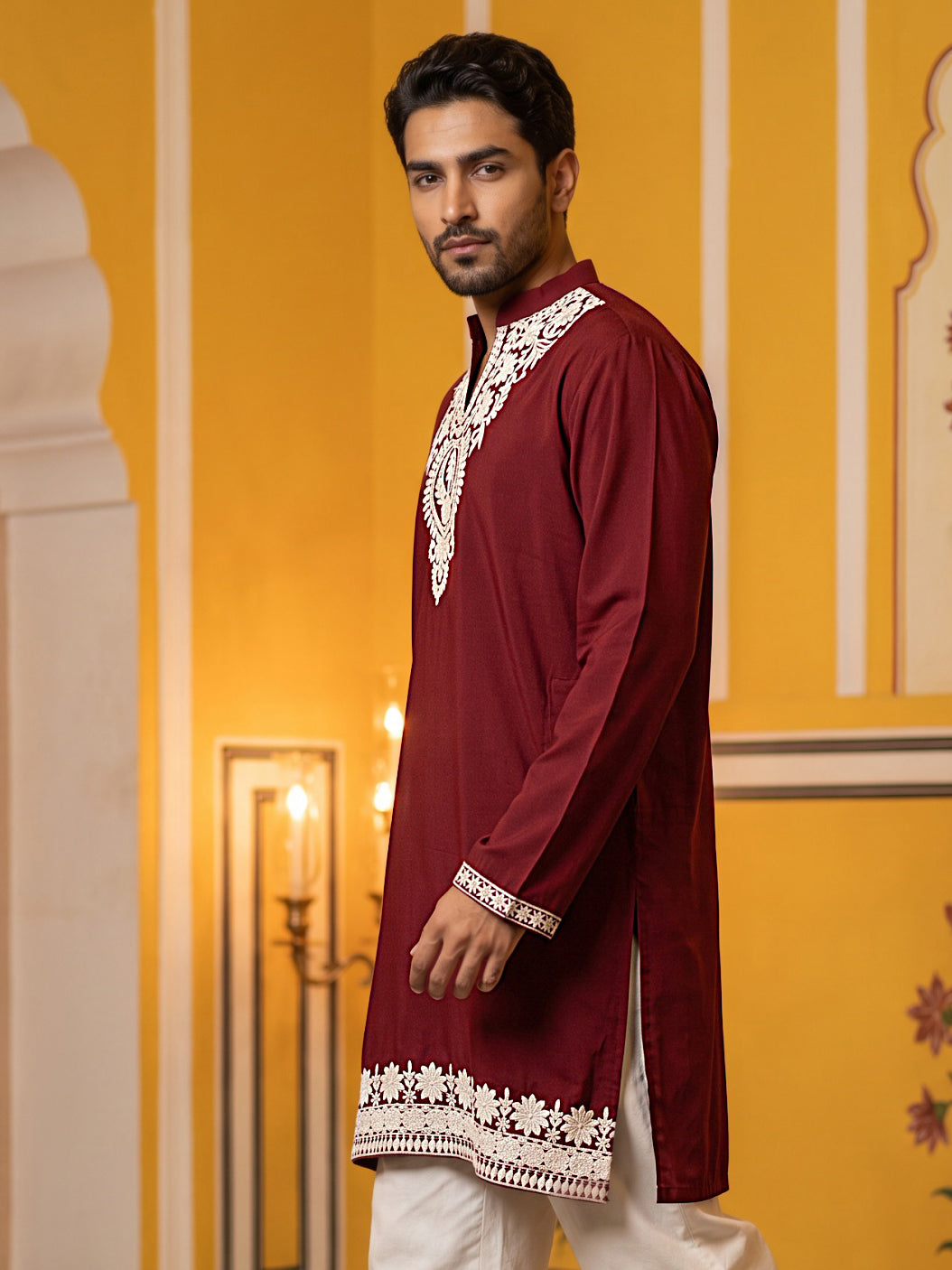 DesiQlo Men Embroidered Kurta Only - Maroon