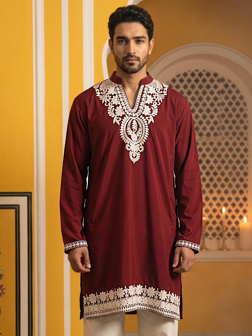 DesiQlo Men Embroidered Kurta Only - Maroon
