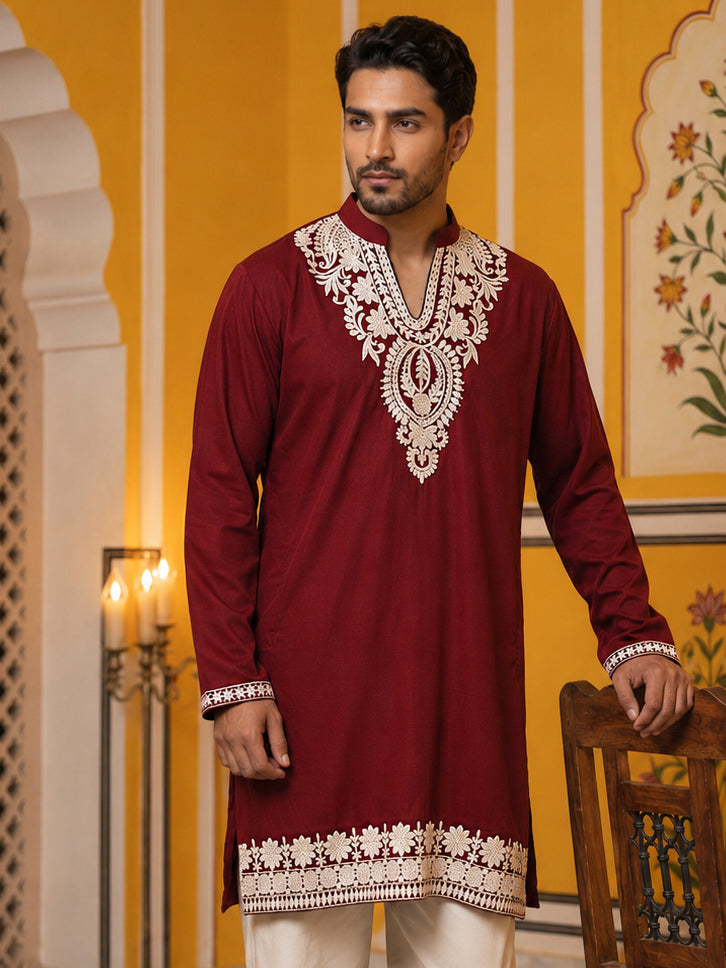 DesiQlo Men Embroidered Kurta Only - Maroon