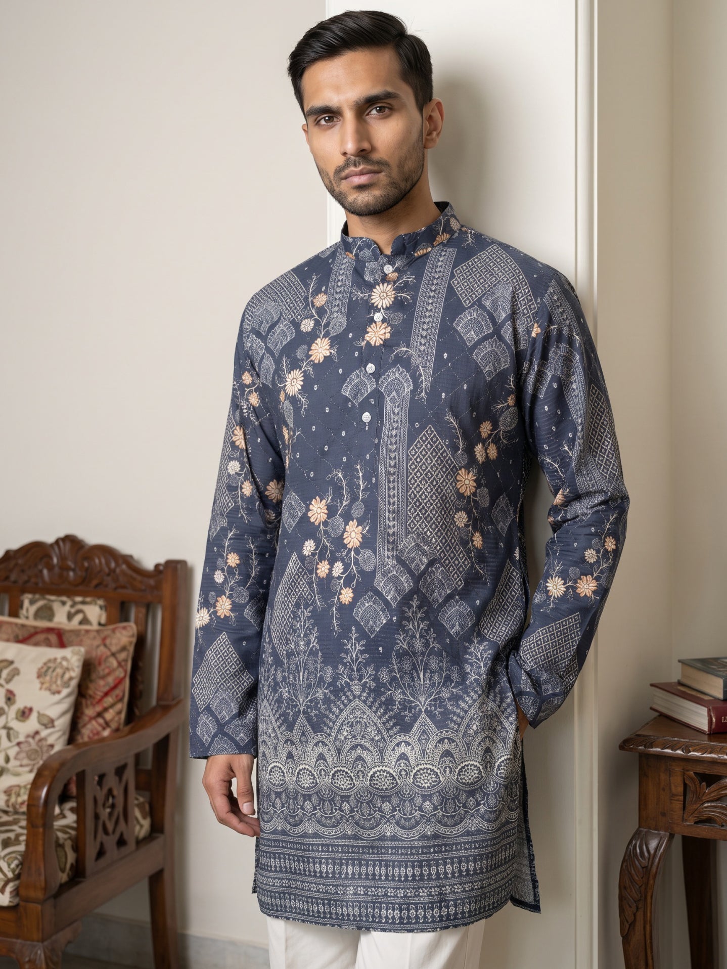DesiQlo Men Printed Kurta Only - Blue