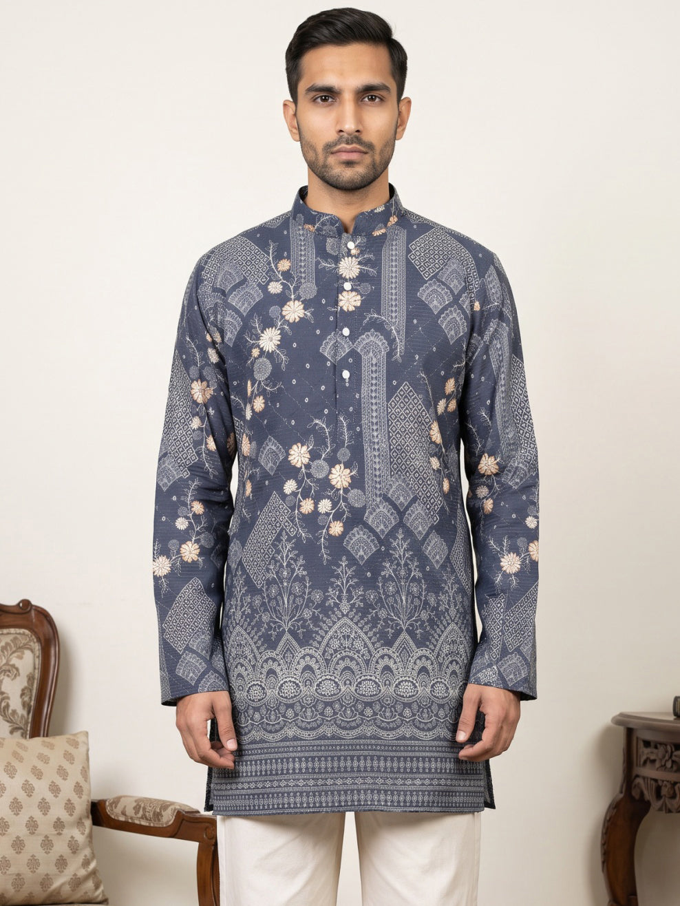 DesiQlo Men Printed Kurta Only - Blue