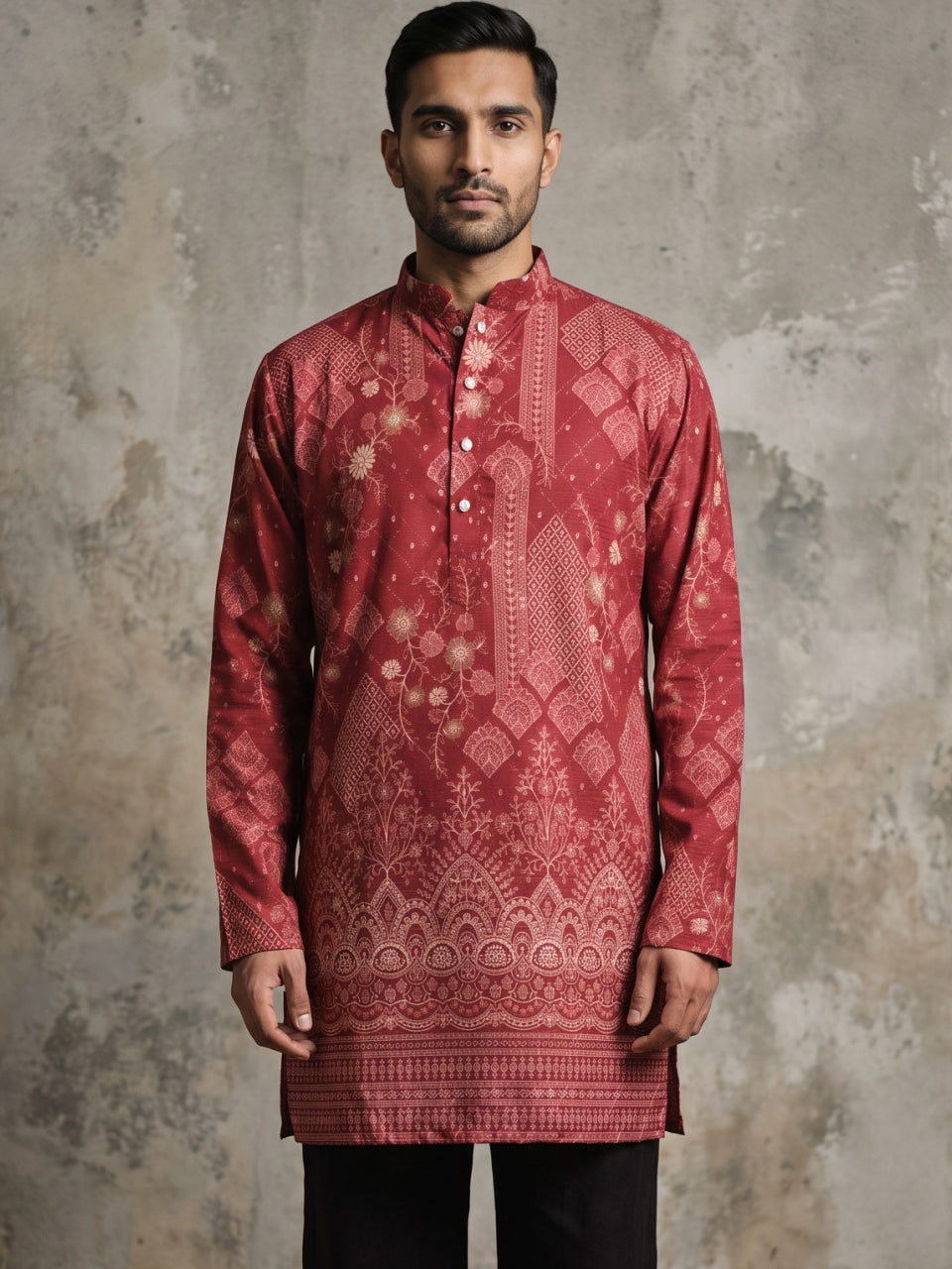 DesiQlo Men Printed Kurta Only - Maroon