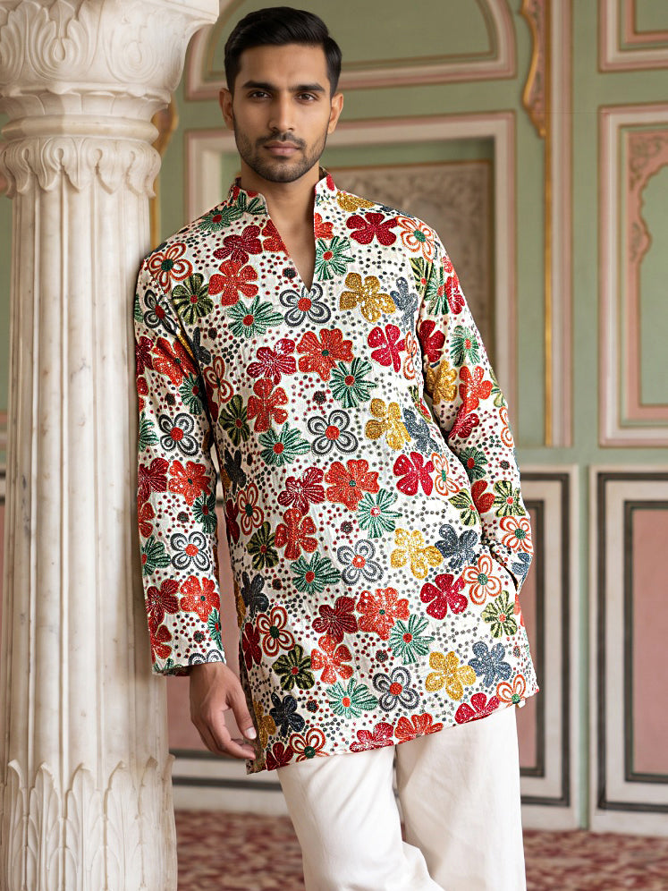 DesiQlo Men Embroidered Kurta Only - White