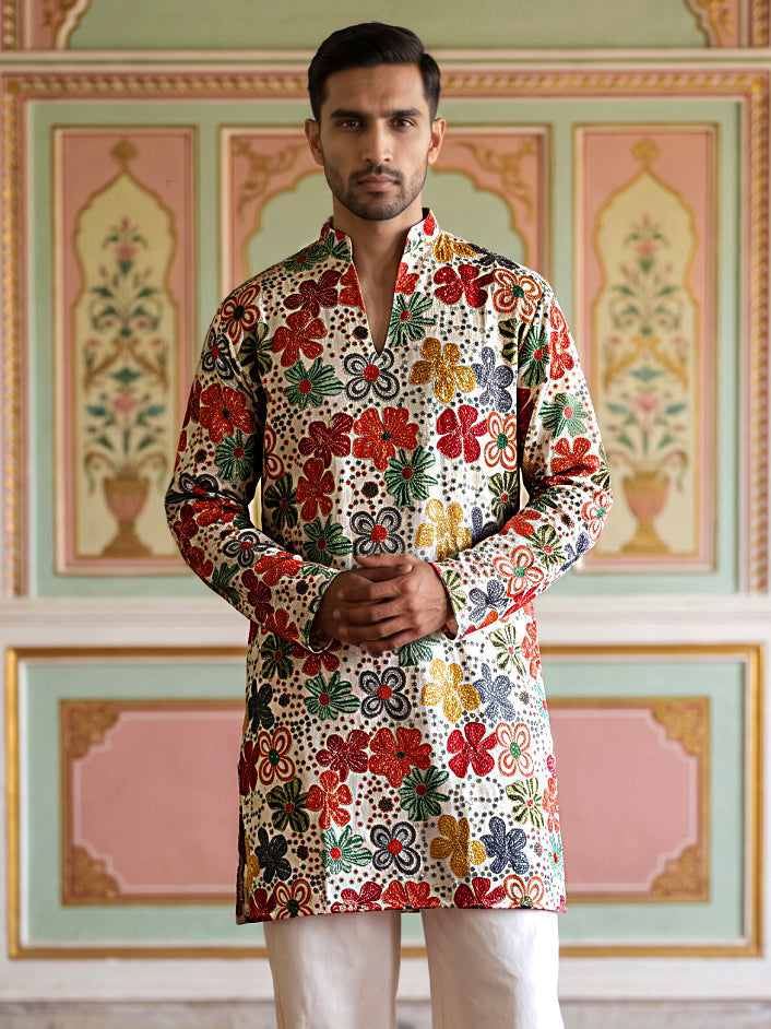 DesiQlo Men Embroidered Kurta Only - White