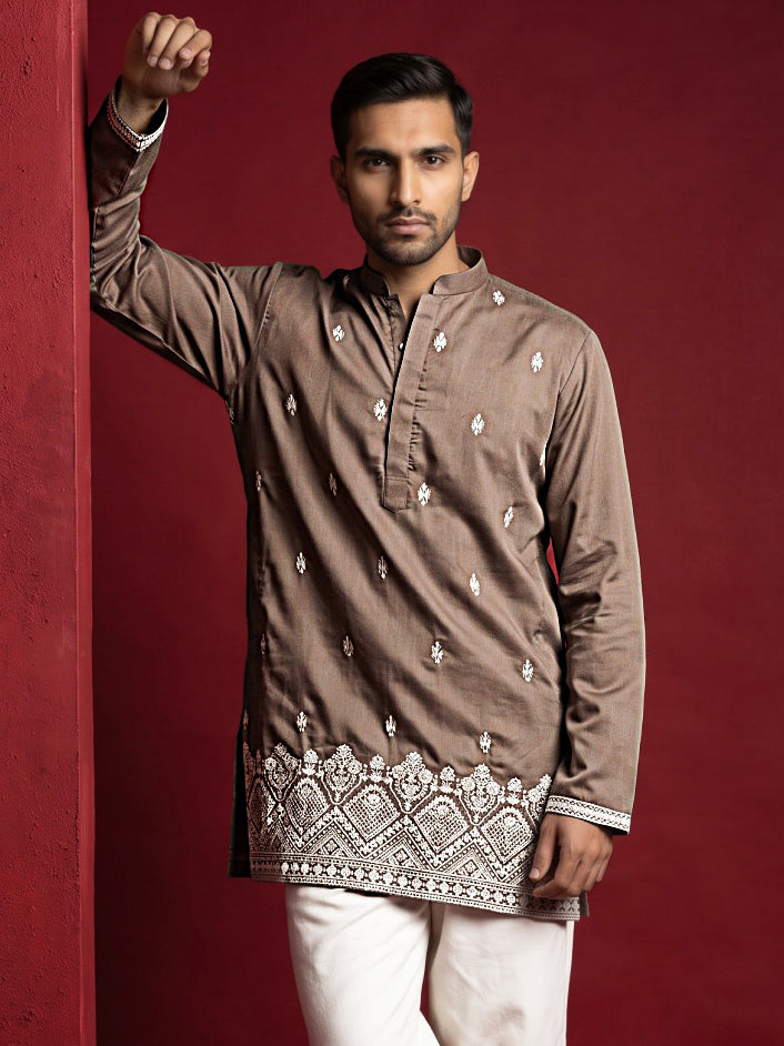 DesiQlo Men Embroidered Kurta Only - Brown - 65KO_5611Brown_S