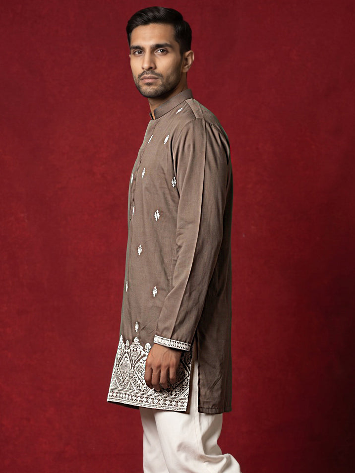 DesiQlo Men Embroidered Kurta Only - Brown - 65KO_5611Brown_S