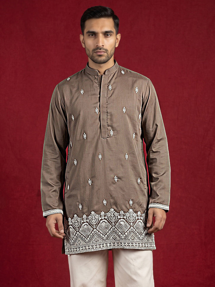 DesiQlo Men Embroidered Kurta Only - Brown - 65KO_5611Brown_S