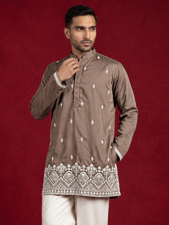 DesiQlo Men Embroidered Kurta Only - Brown - 65KO_5611Brown_S