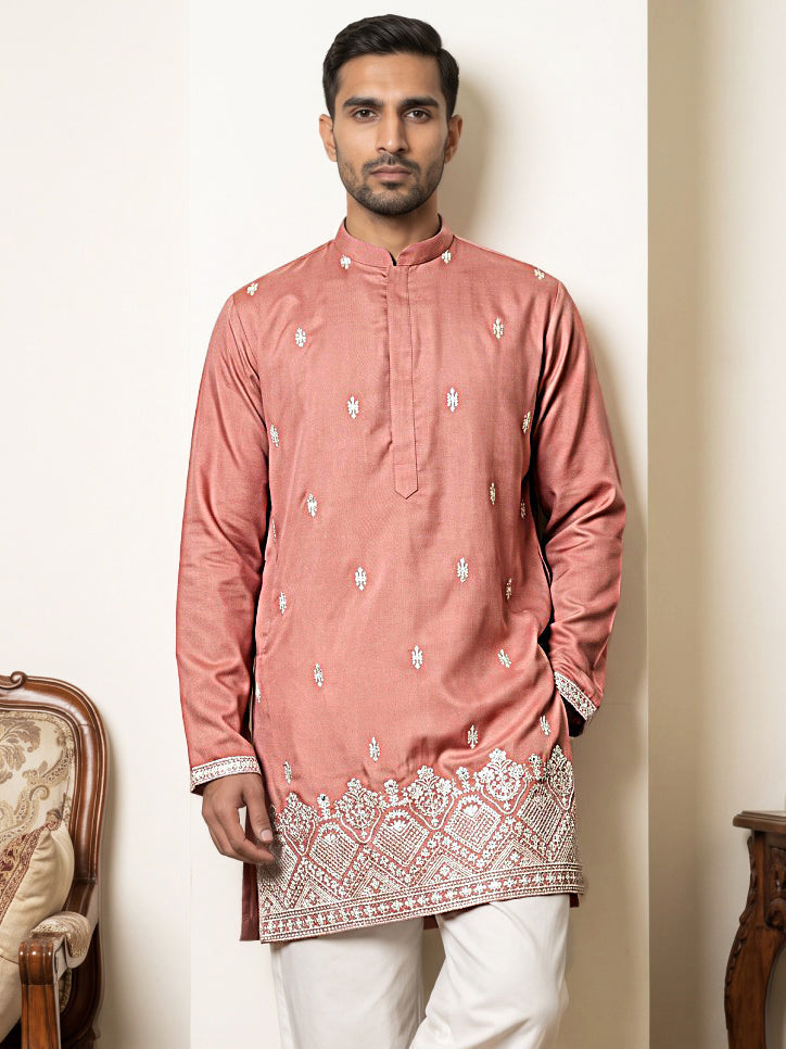 DesiQlo Men Embroidered Kurta Only - Pink - 65KO_5611Pink_S