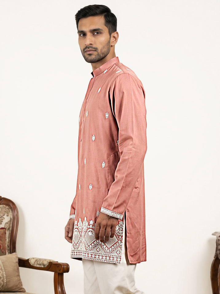 DesiQlo Men Embroidered Kurta Only - Pink - 65KO_5611Pink_S
