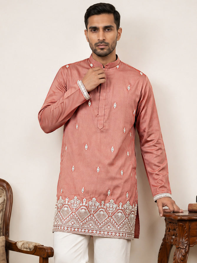 DesiQlo Men Embroidered Kurta Only - Pink - 65KO_5611Pink_S