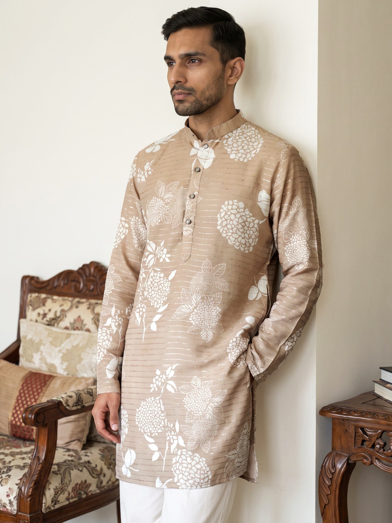 DesiQlo Men Printed Kurta Only - Beige - 65KO_5612Beige_S