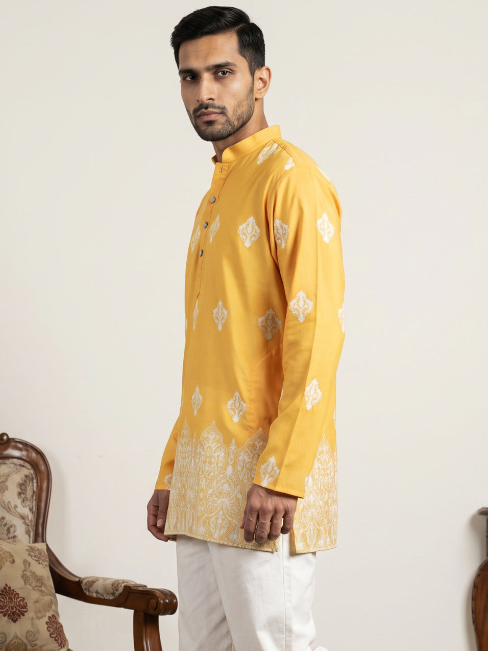 DesiQlo Men Printed Kurta Only - Yellow - 65KO_5614Yellow_S