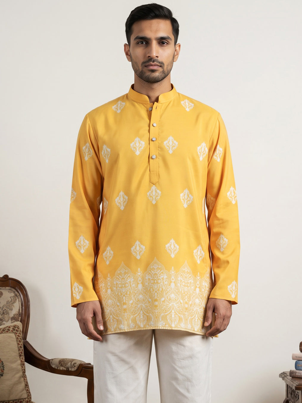 DesiQlo Men Printed Kurta Only - Yellow - 65KO_5614Yellow_S