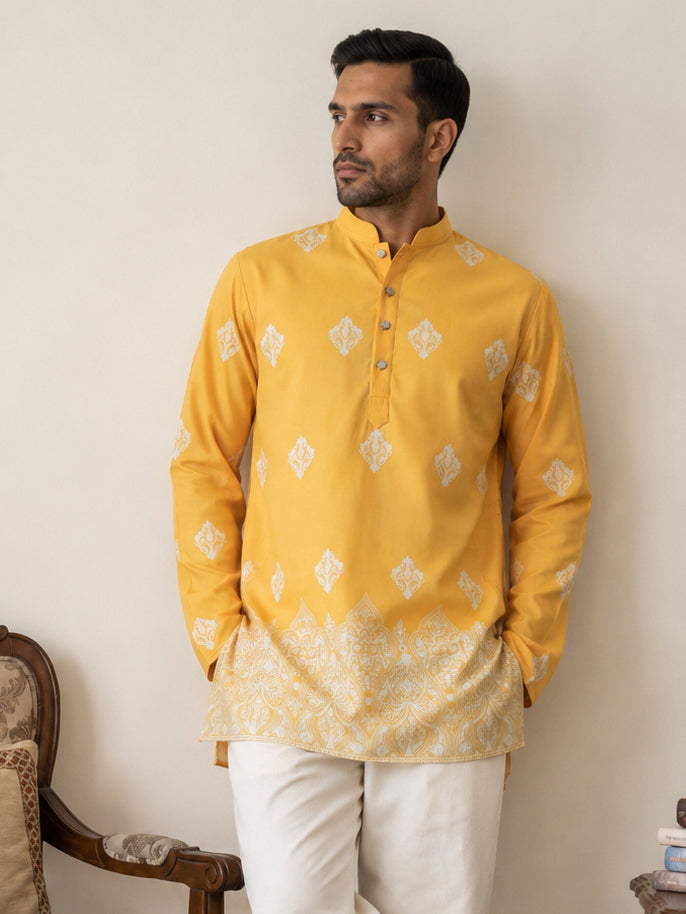 DesiQlo Men Printed Kurta Only - Yellow - 65KO_5614Yellow_S