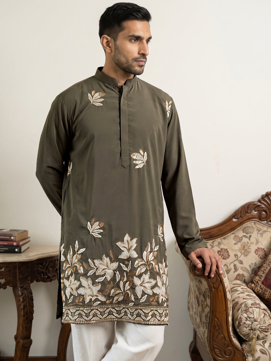DesiQlo Men Embroidered Kurta Only - Grey