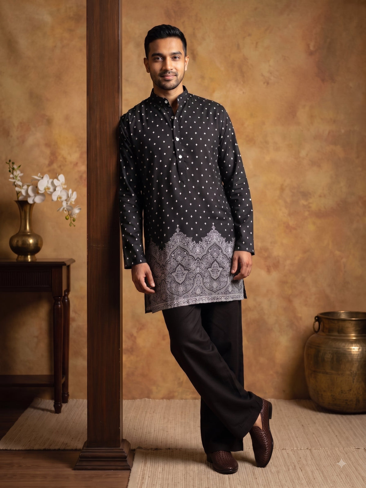 Printed Cotton Blend Kurta for Men ( 65KO 5622Black )