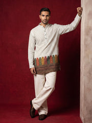 Cotton Blend Printed & Thread Work Kurta for Men ( 65KO 5623White )