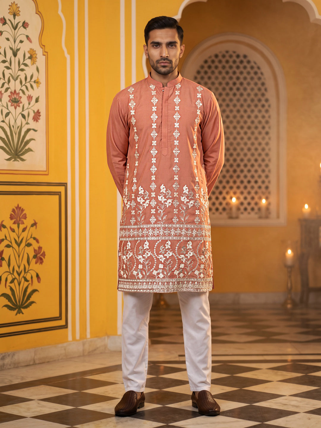 DesiQlo Men Embroidered Kurta Only - Orange