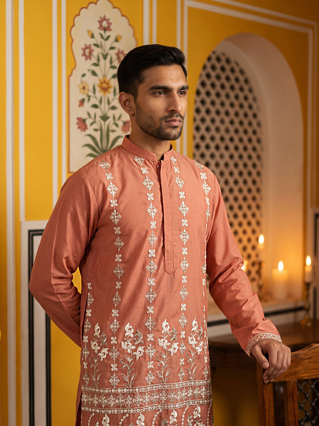 DesiQlo Men Embroidered Kurta Only - Orange
