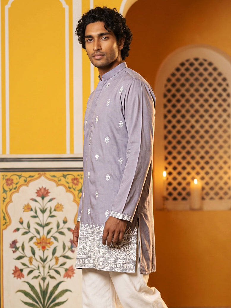 DesiQlo Men Embroidered Kurta Only - Purple - 65KO_5629Purple_S