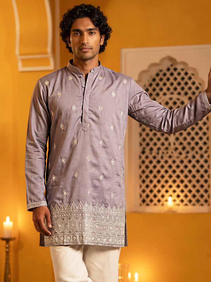 DesiQlo Men Embroidered Kurta Only - Purple - 65KO_5629Purple_S