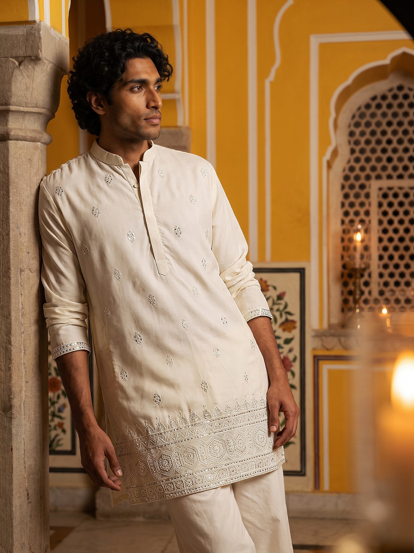 DesiQlo Men Embroidered Kurta Only - White - 65KO_5629White_S