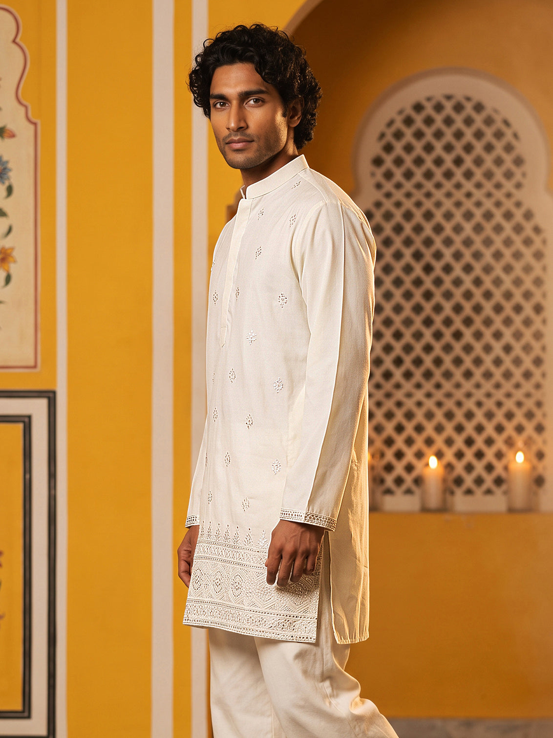 DesiQlo Men Embroidered Kurta Only - White - 65KO_5629White_S