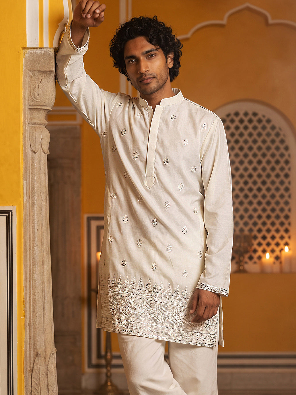 DesiQlo Men Embroidered Kurta Only - White - 65KO_5629White_S