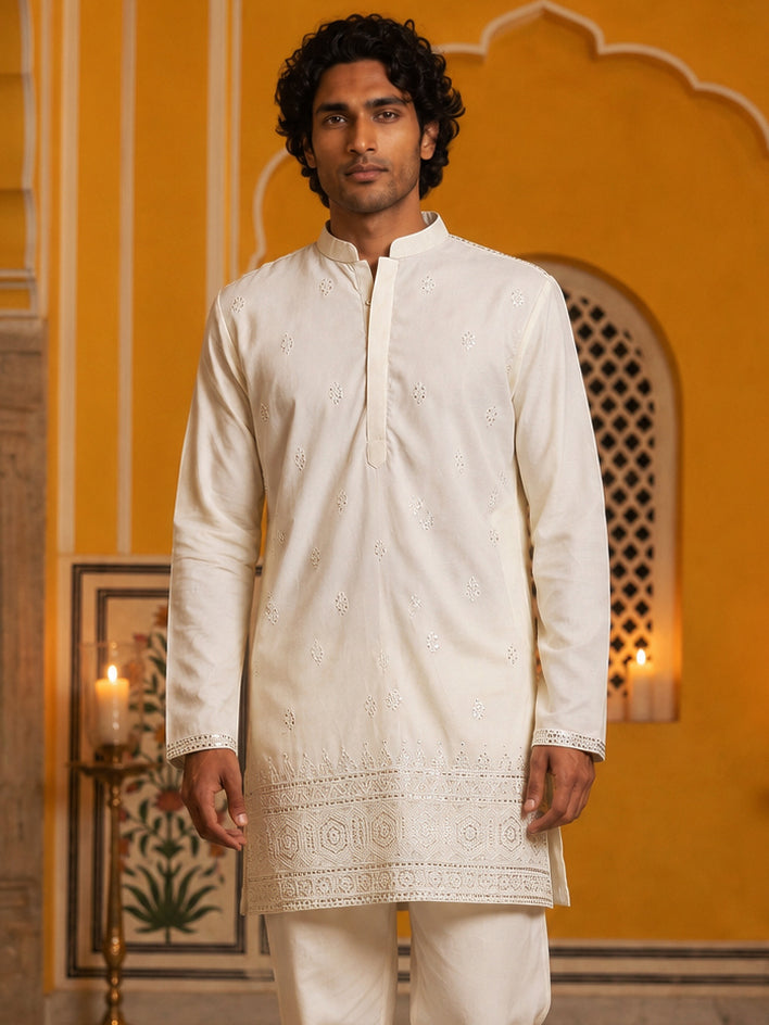 DesiQlo Men Embroidered Kurta Only - White - 65KO_5629White_S